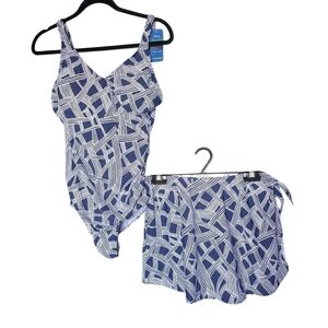 16 • Orvis • Navy and White Geometric One-Piece Swimsuit & Sarong Set